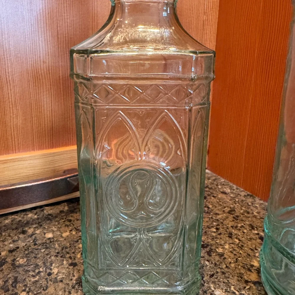 (2) Vintage Embossed Williams-Sonoma Spanish Blue/Green Glass Bottles